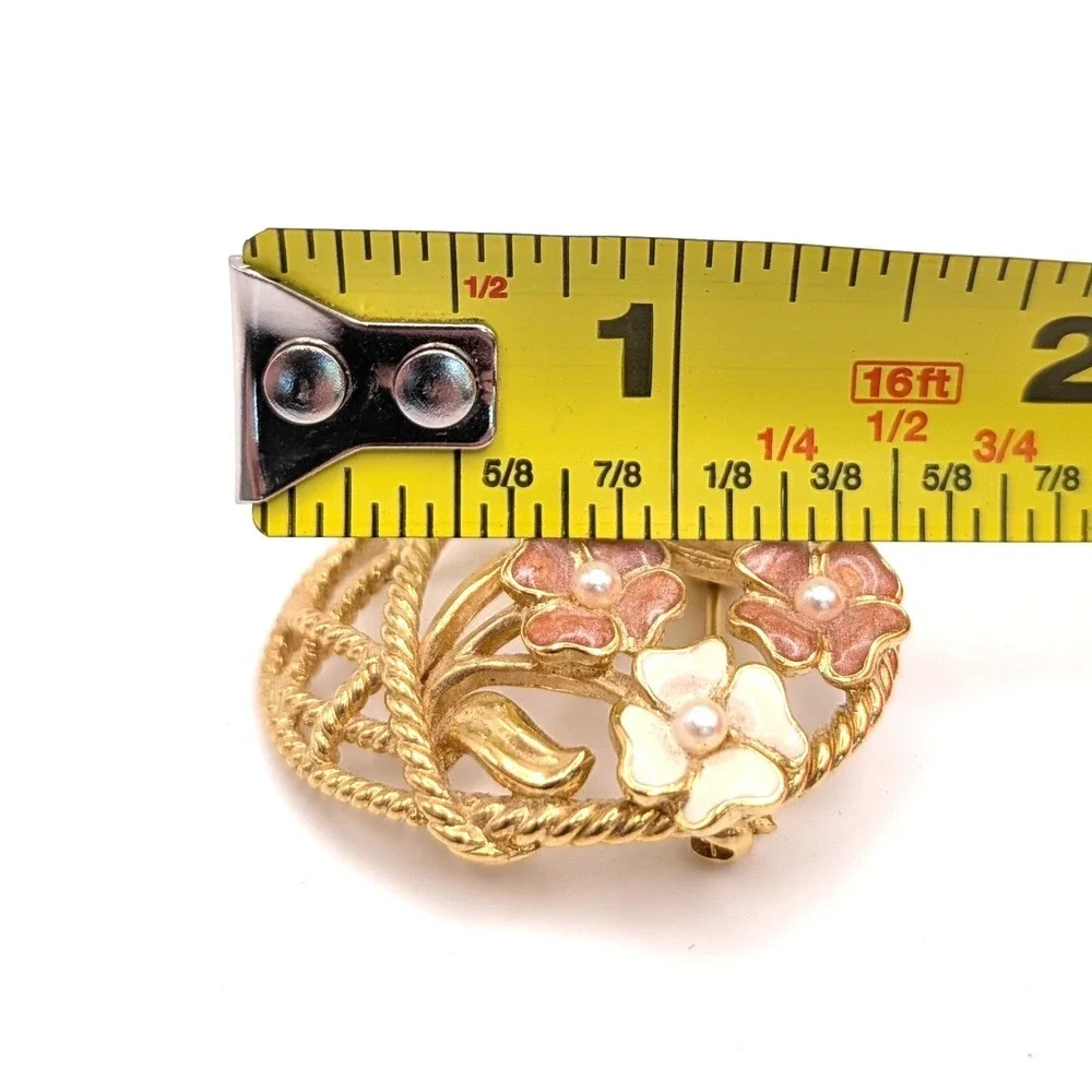 Marvella Flower Basket Brooch Vintage Enamel Faux Pearl Gold Tone Pin 1.5